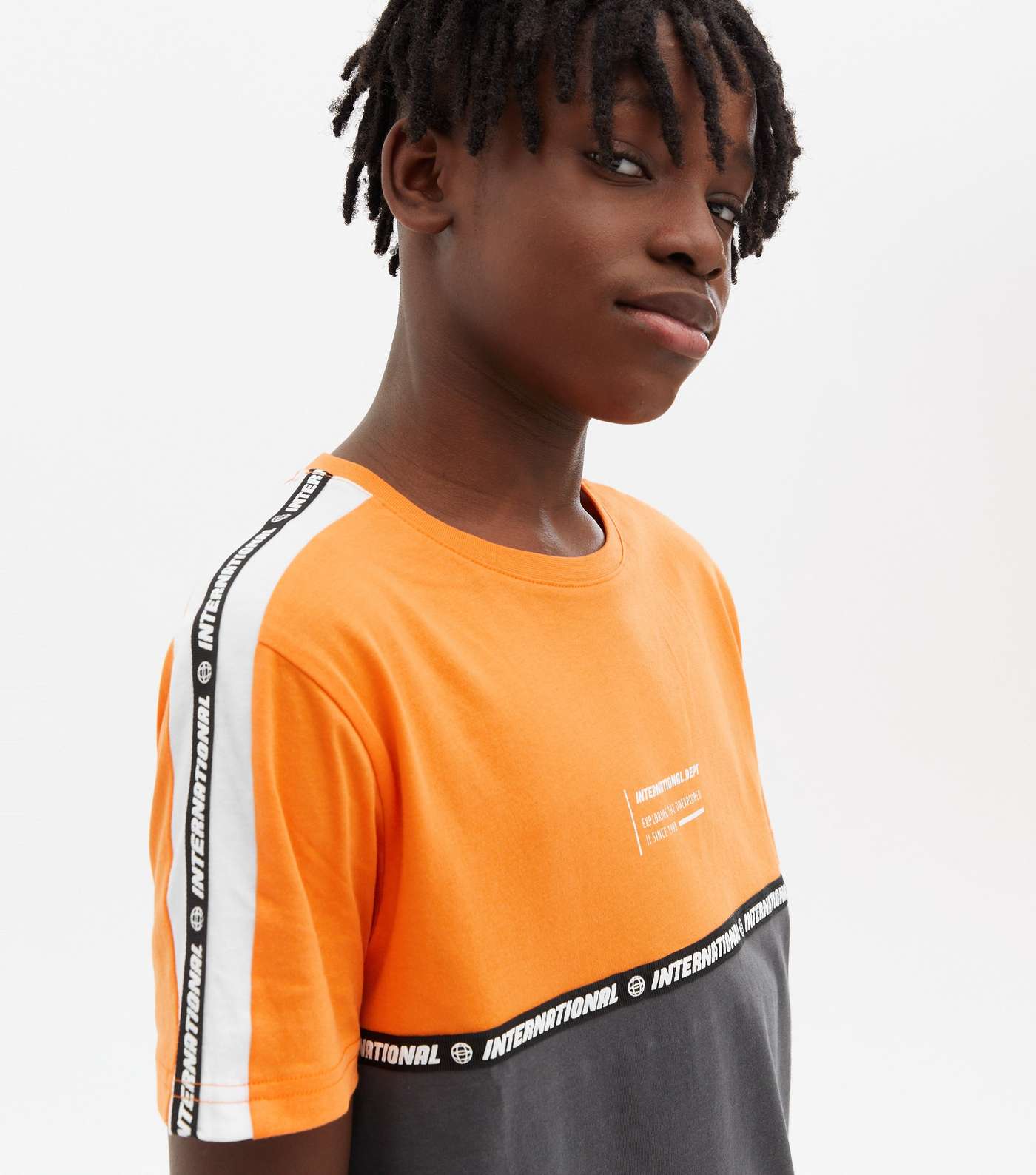 Boys Bright Orange Colour Block Tape Logo T-Shirt Image 3