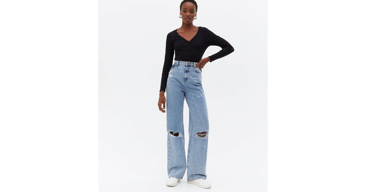 Tall Blue Ripped High Waist Adalae Wide Leg Jeans | New Look