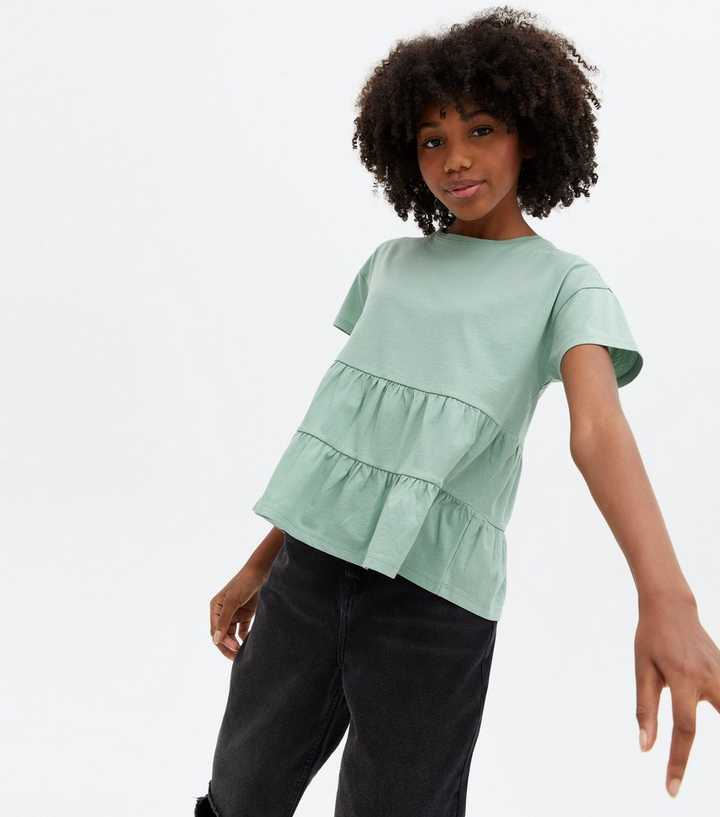 Girls Light Green Tiered Hem T-Shirt