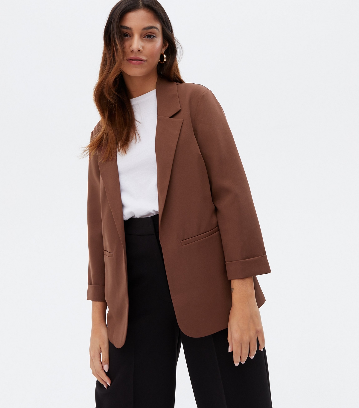 Women's Petite Dark Brown Revere Collar Oversized Blazer New Look