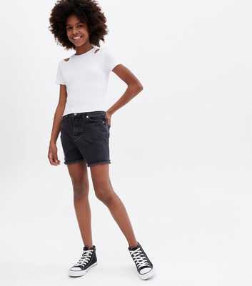 Girls Black Denim Ripped Frayed Hem Mom Shorts