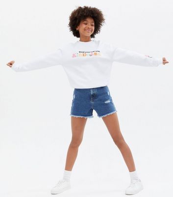 Girls Blue Denim Ripped Frayed Hem Mom 