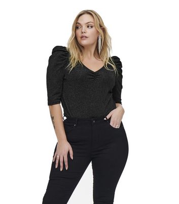 Only Curves Black Glitter Puff Sleeve Top New Look