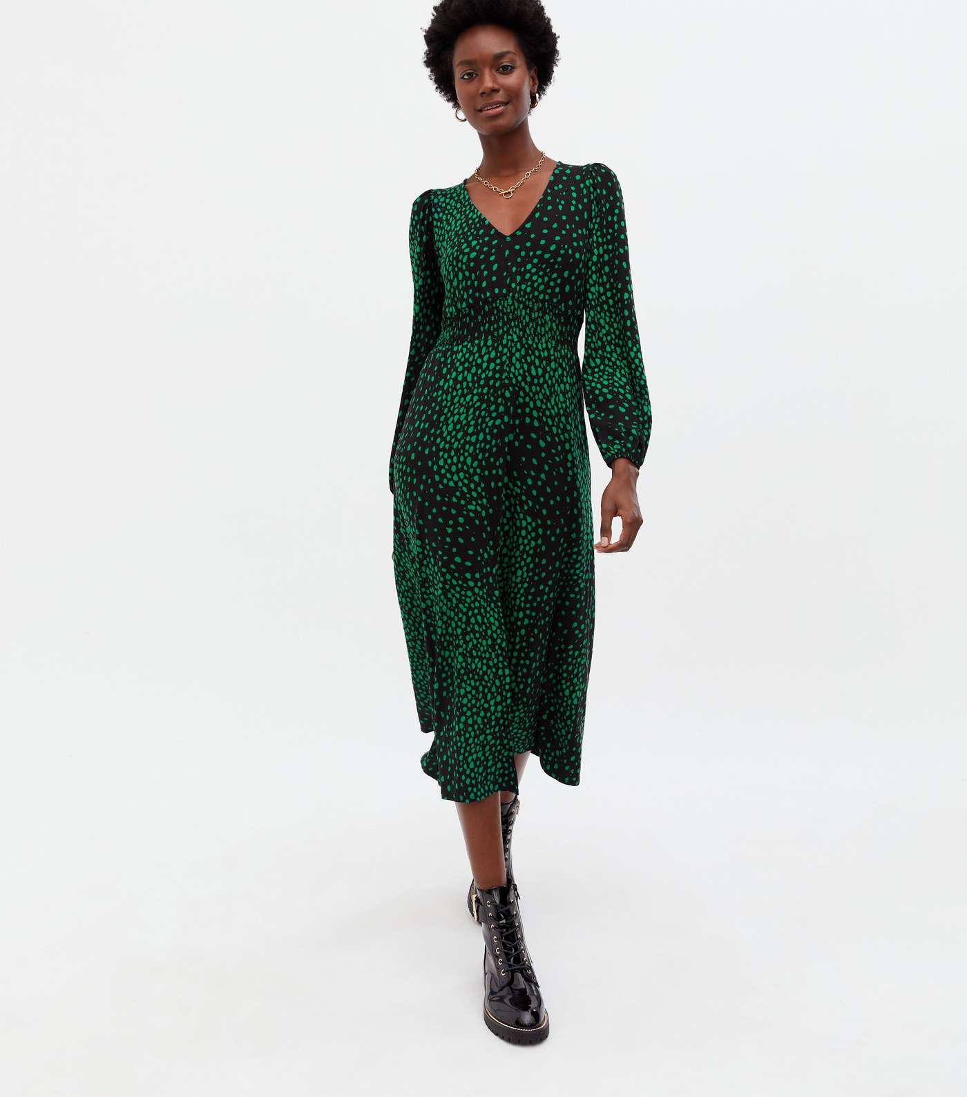 Green Animal Print Shirred V Neck Midi Dress Image 2