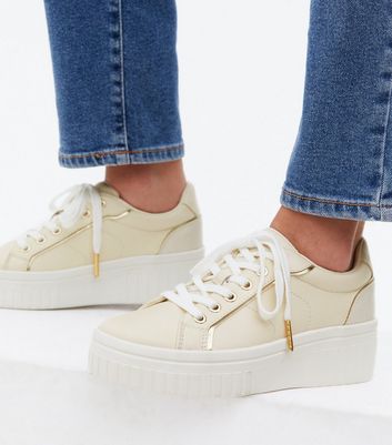 shop for Off White Metallic Trim Chunky Wedge Trainers New Look Vegan at Shopo