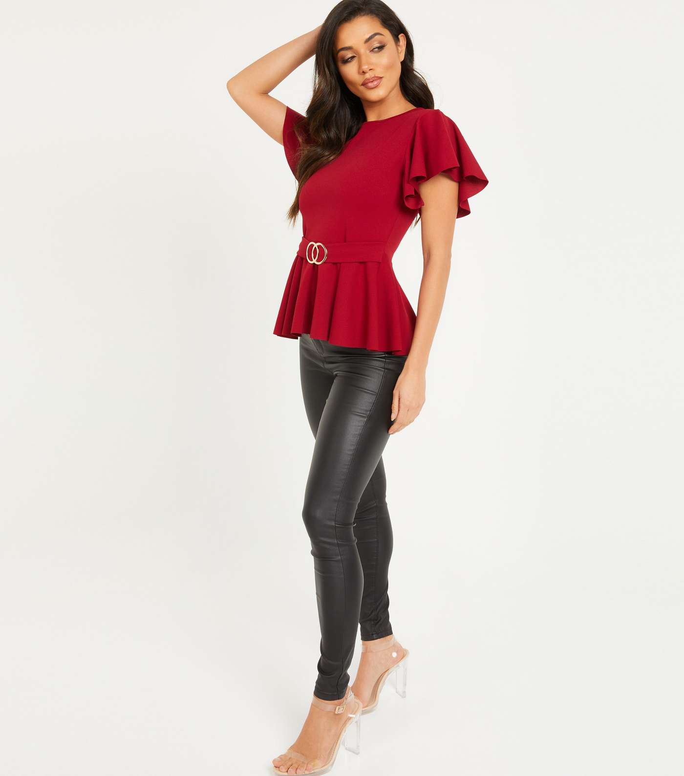QUIZ Red Scuba Peplum Belted Blouse Image 2