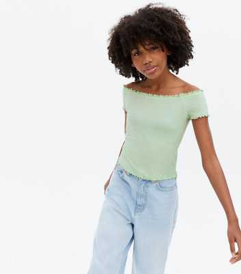 Girls Light Green Ribbed Bardot Top