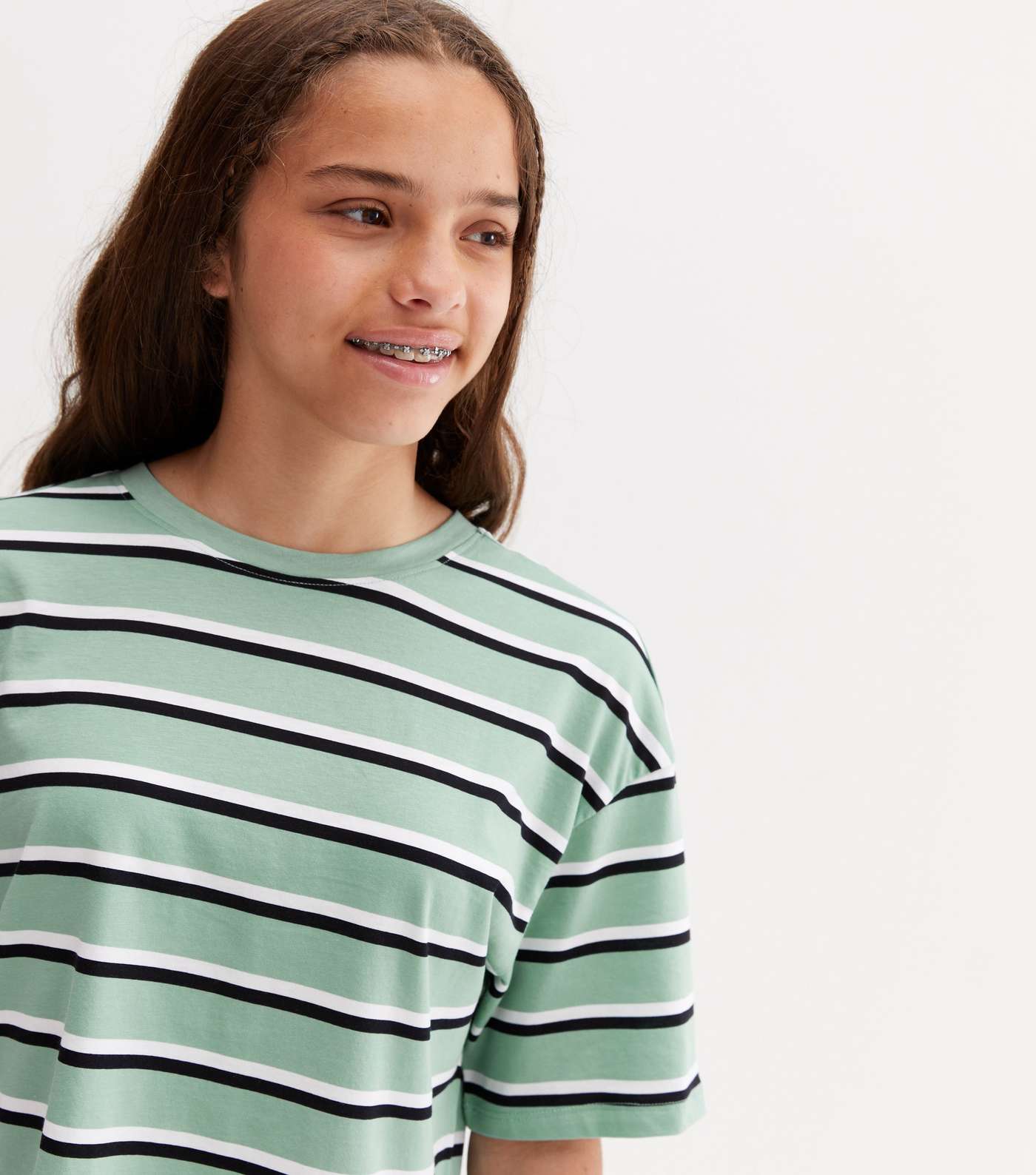 Girls 3 Pack Green Stripe White and Camel T-Shirts Image 3