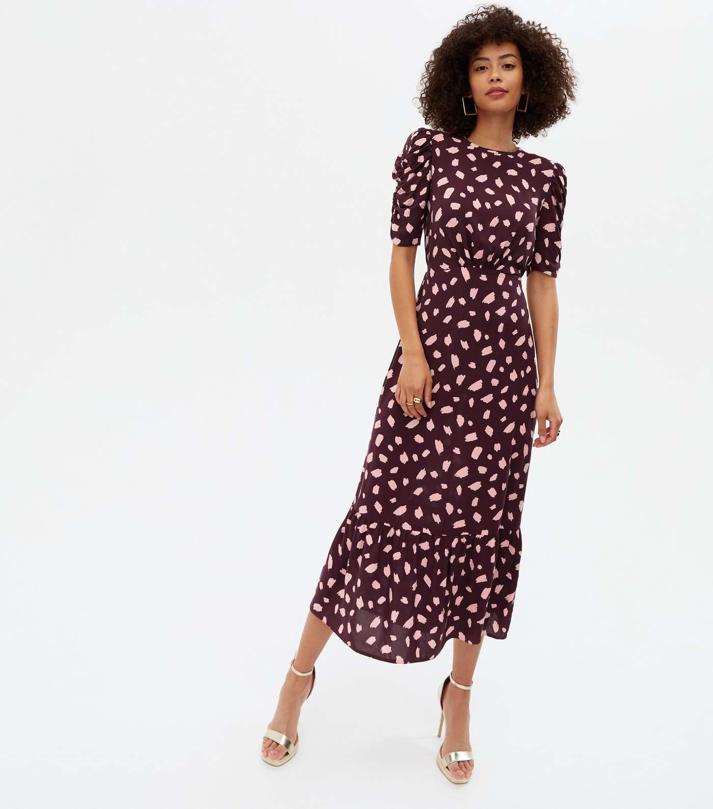 Tall Burgundy Abstract Ruched Sleeve Midi Dress