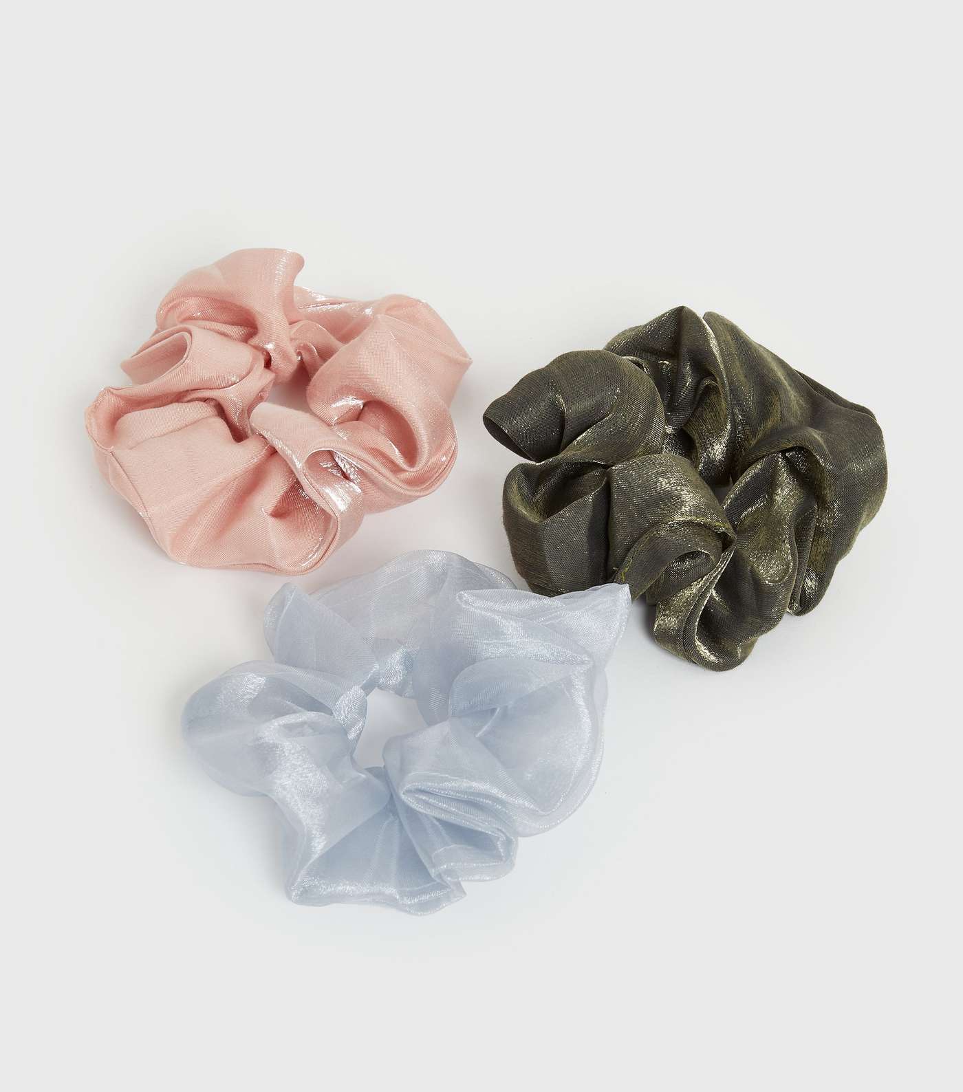 3 Pack Pale Blue Pink and Gold Organza Shimmer Scrunchies