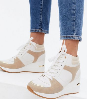 shop for White Metal Trim Lace Up Wedge Trainers New Look Vegan at Shopo