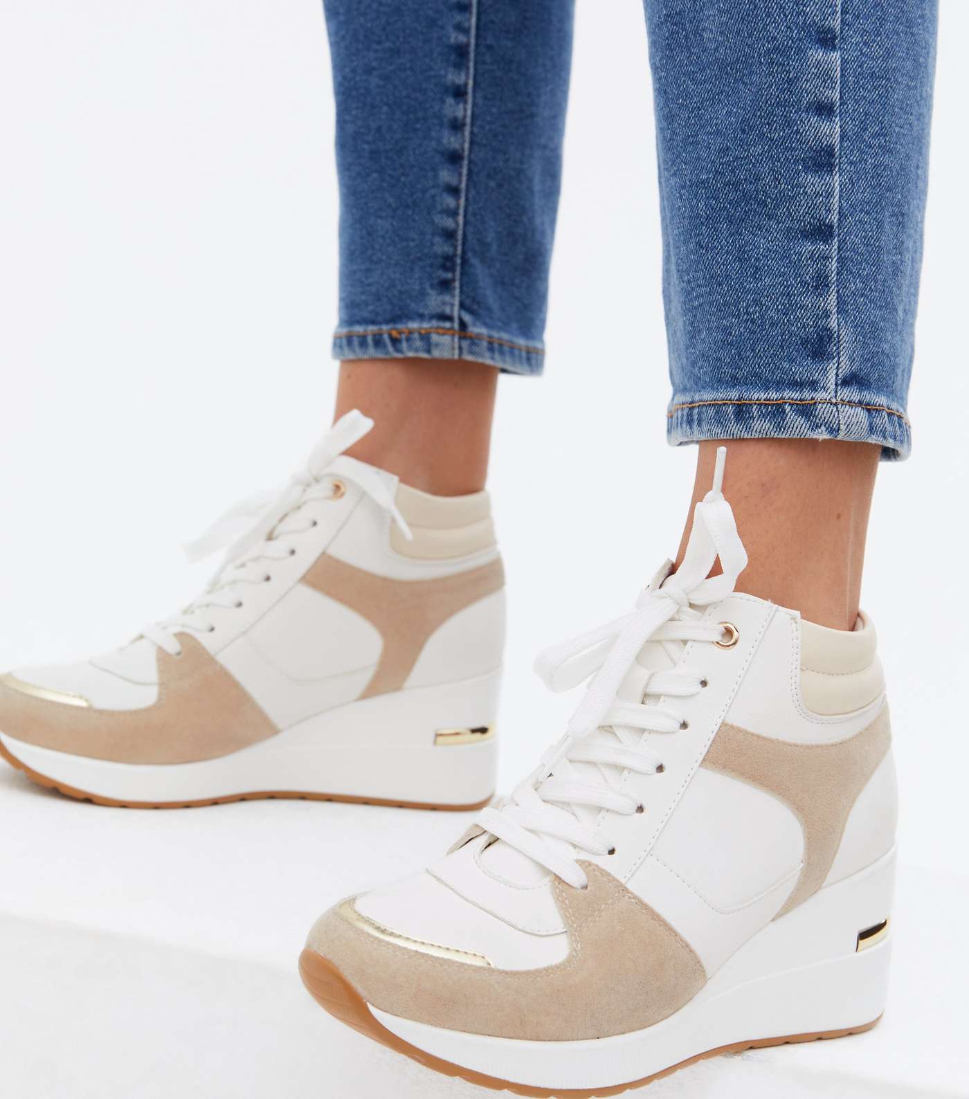 White Metal Trim Lace Up Wedge Trainers Image 2