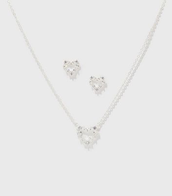 Silver Cubic Zirconia Heart Necklace and Earrings Set