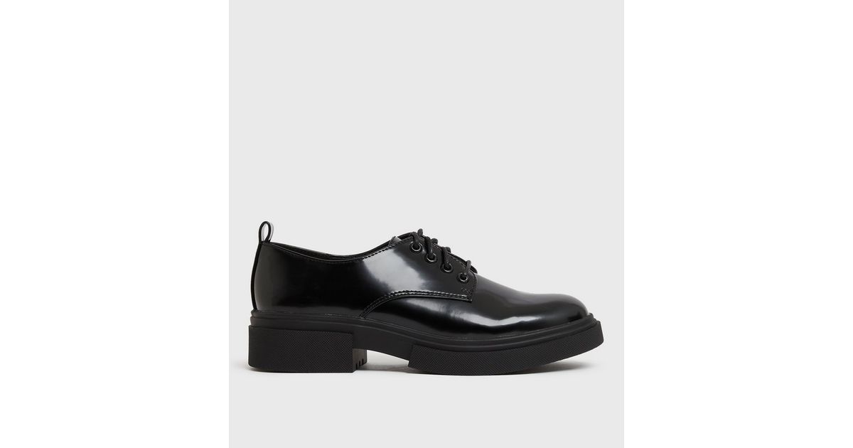 Black Patent Chunky Lace Up Shoes | New Look