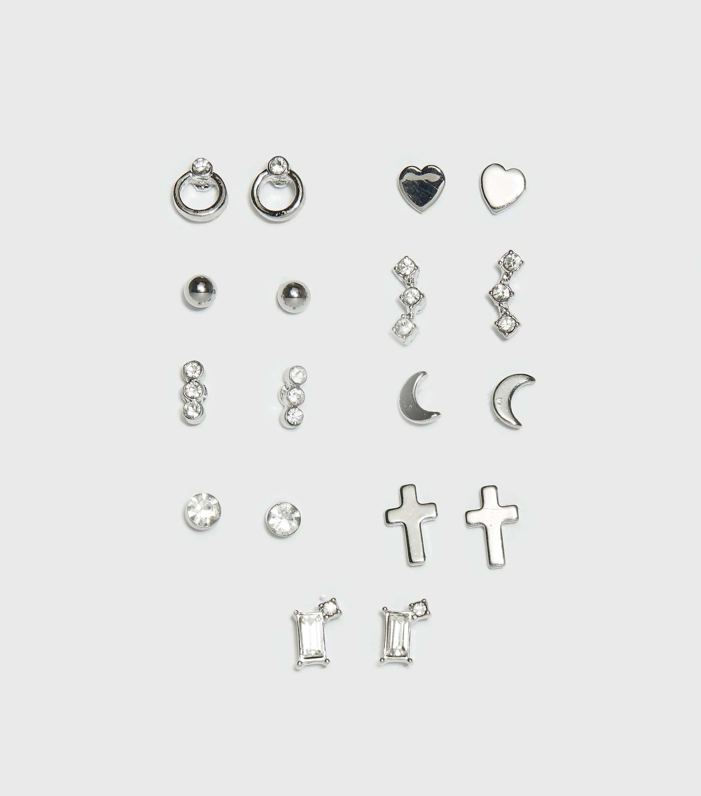 9 Pack Silver Diamanté Cross Stud Earrings