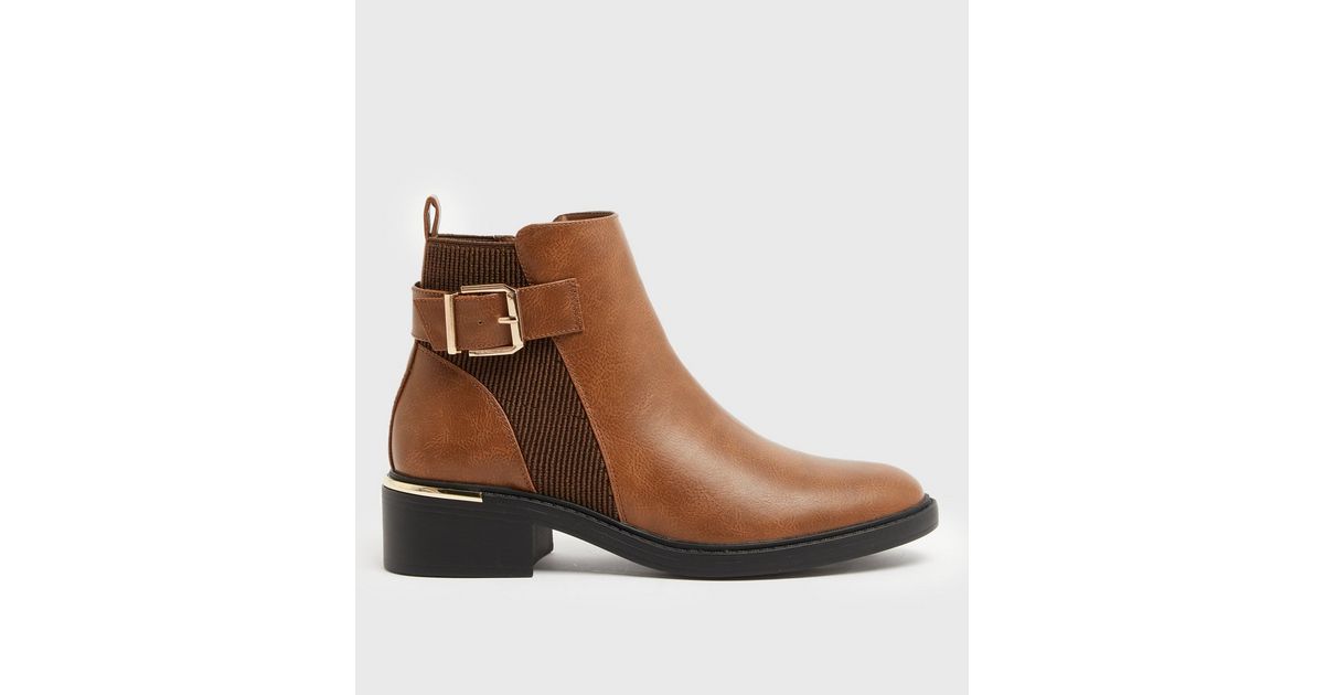 tan metal trim block heel ankle boots