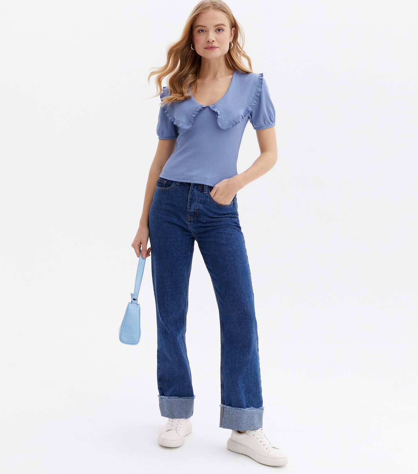 Blue Ribbed Frill Collar Puff Sleeve Top Image 2