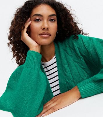 Sunshine Soul Green Cable Knit Puff Sleeve Cardigan New Look