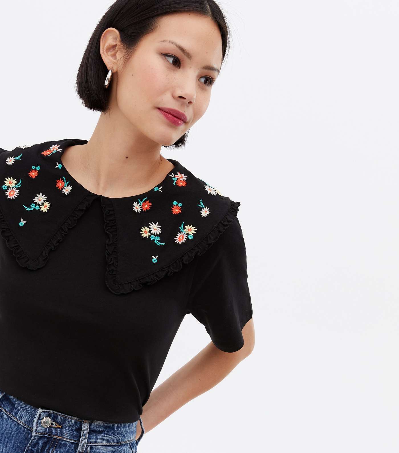 Black Floral Embroidered Frill Collar T-Shirt