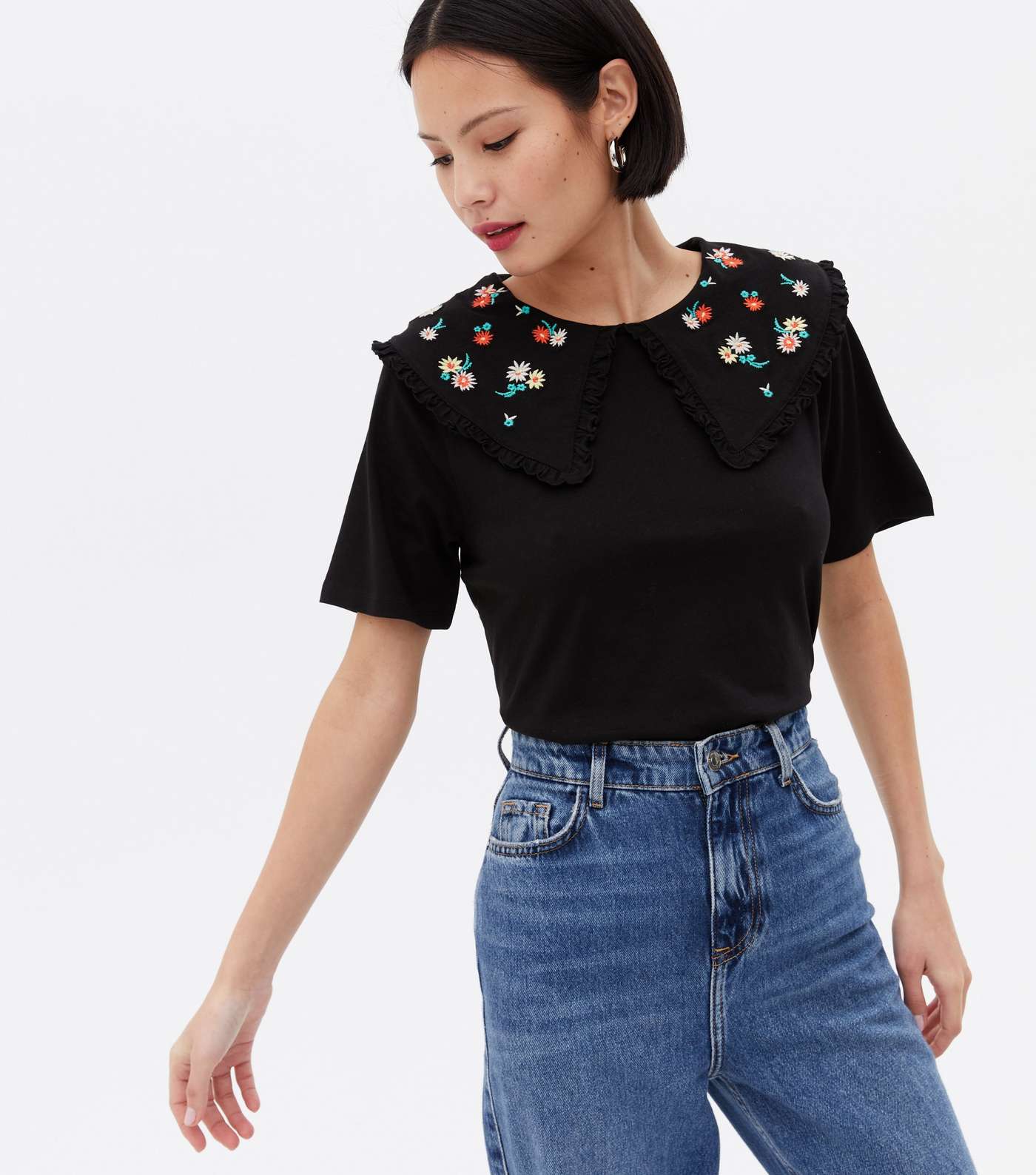 Black Floral Embroidered Frill Collar T-Shirt Image 3