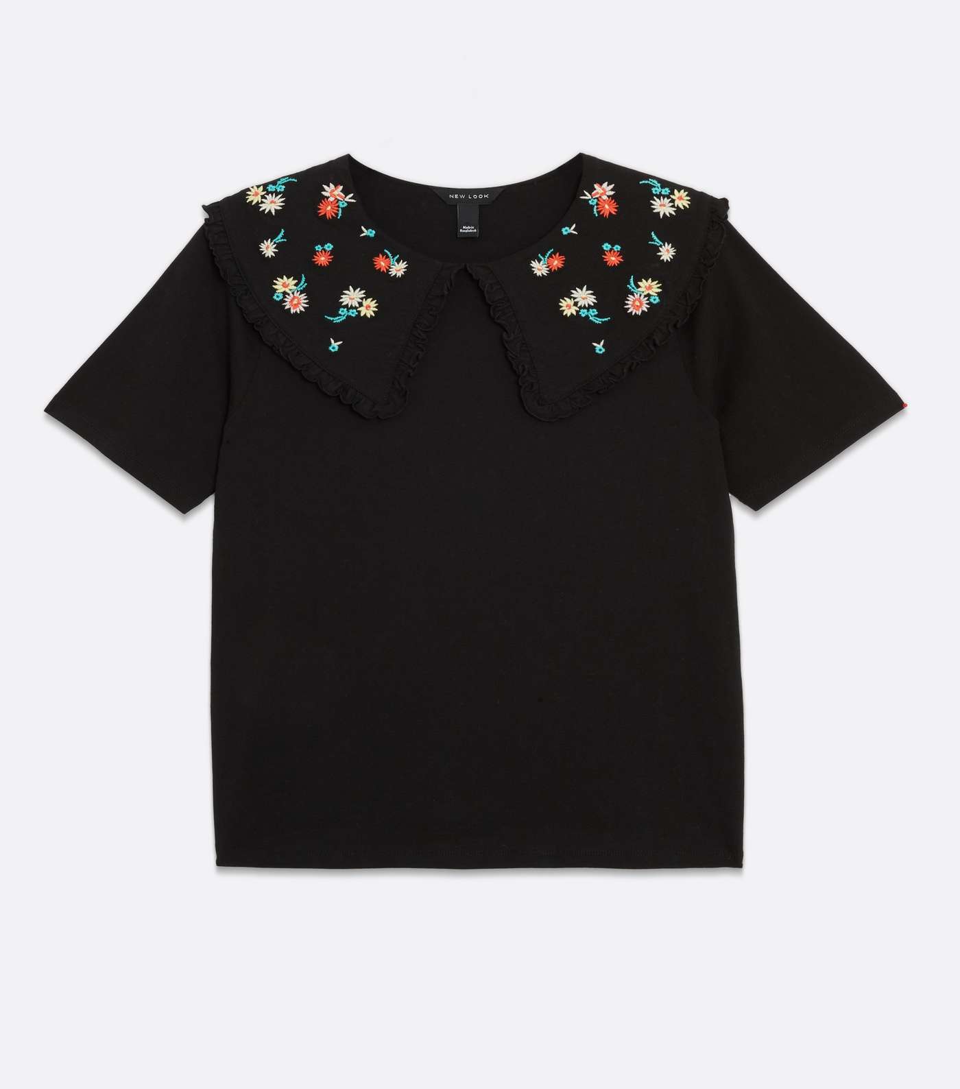 Black Floral Embroidered Frill Collar T-Shirt Image 5