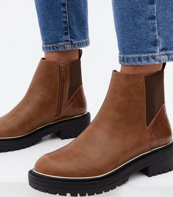 shop for Tan Faux Croc Panel Chunky Chelsea Boots New Look Vegan at Shopo