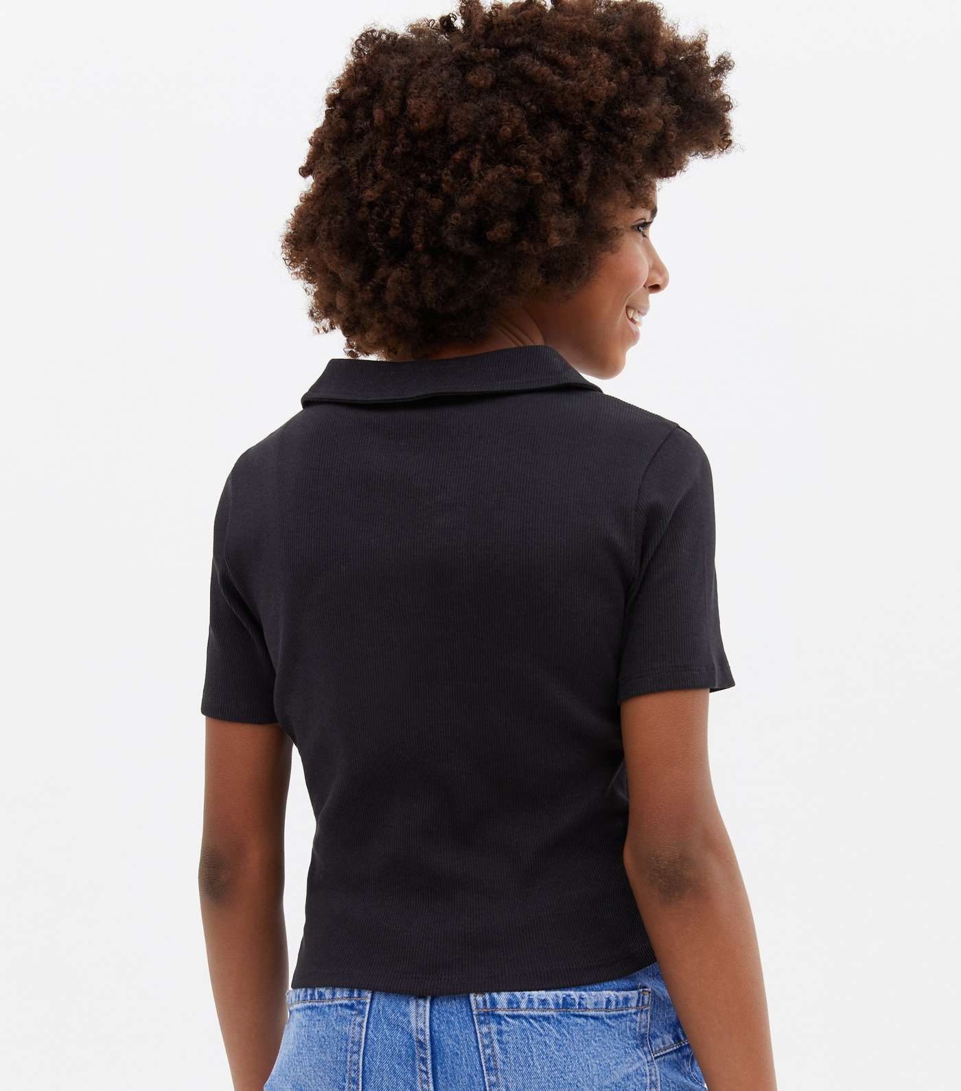 Girls Black Ribbed Polo T-Shirt Image 4