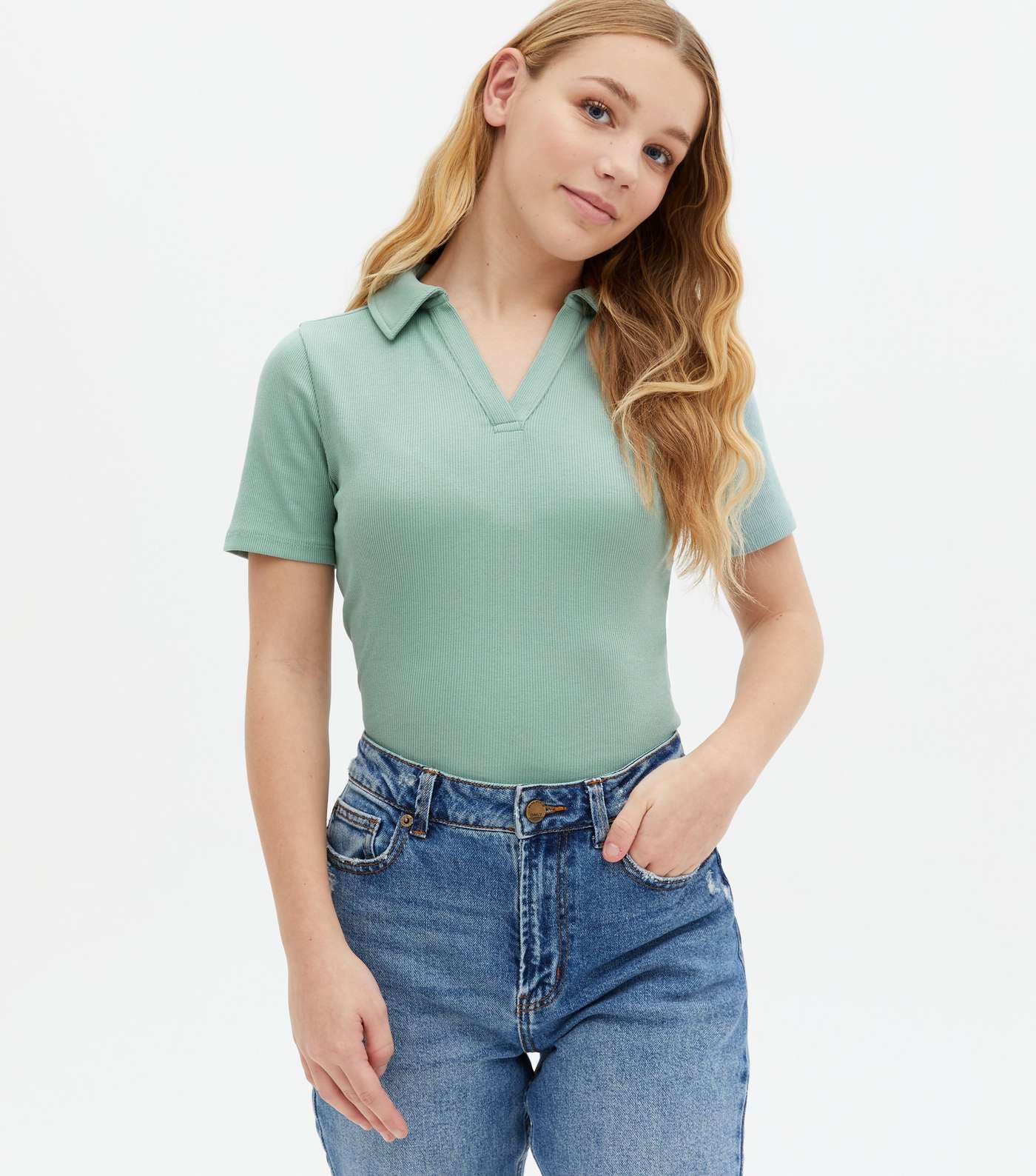 Girls Light Green Ribbed Polo T-Shirt