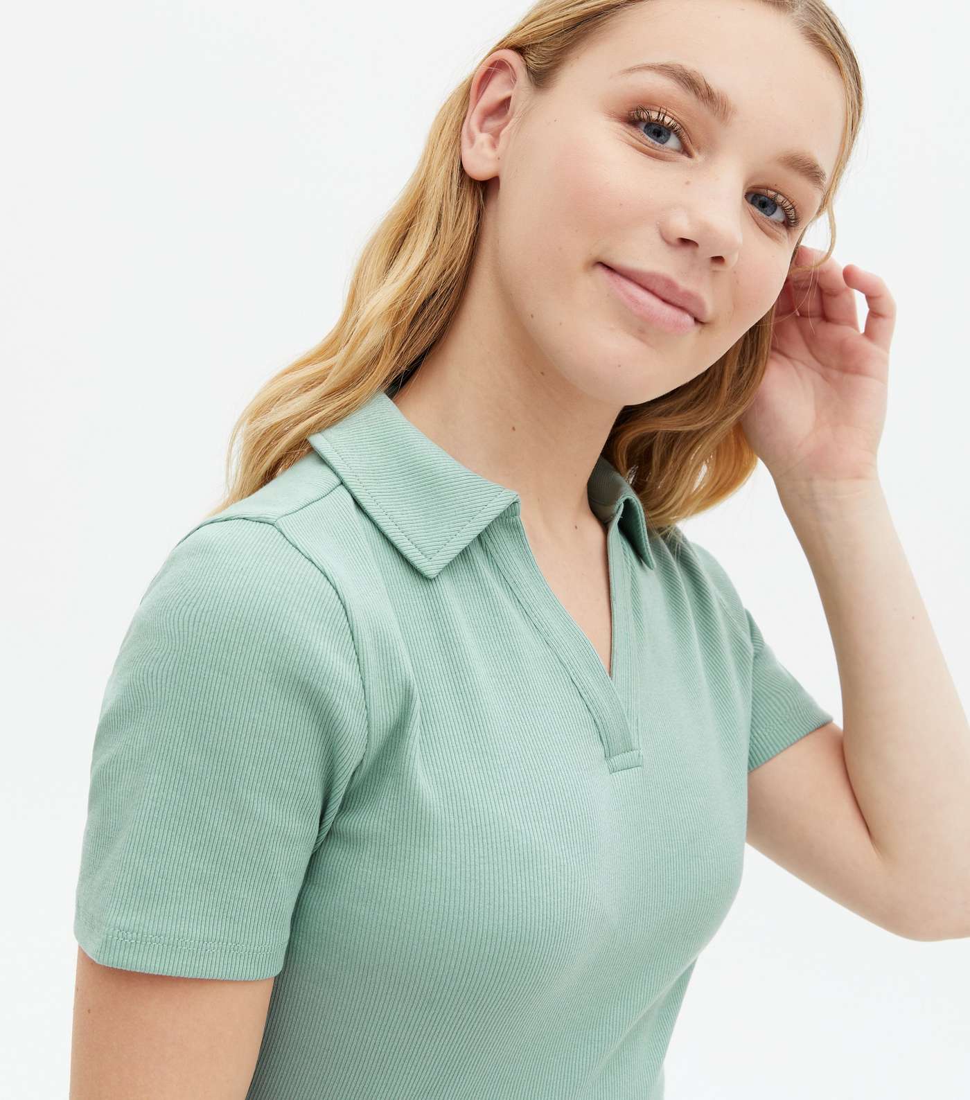 Girls Light Green Ribbed Polo T-Shirt Image 3