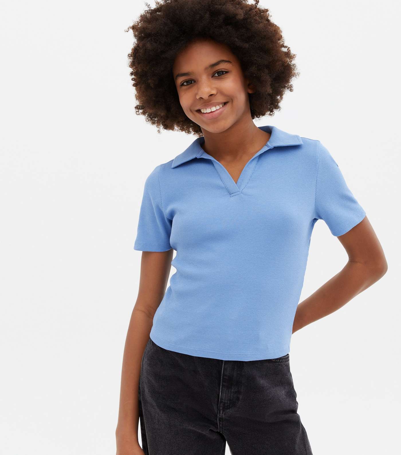 Girls Blue Ribbed Polo T-Shirt