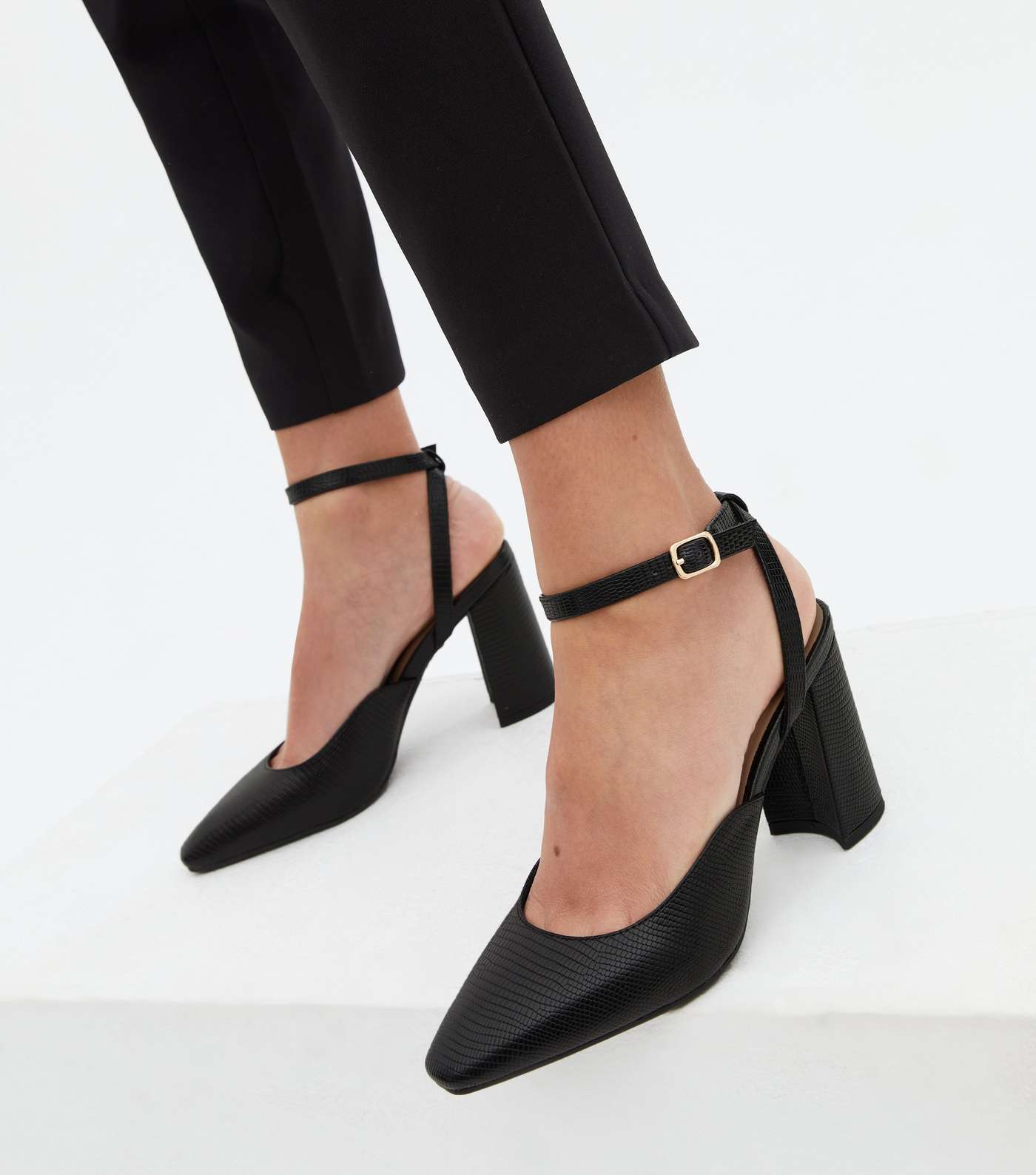 Black Faux Snake Pointed Toe Block Heel Court Shoes Image 2
