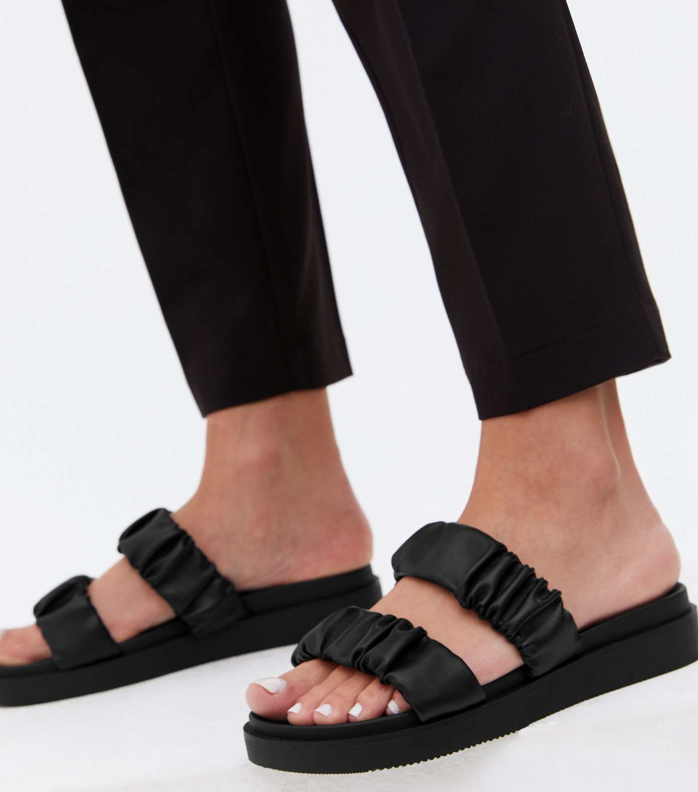 Black Ruched Double Strap Chunky Sliders Image 2