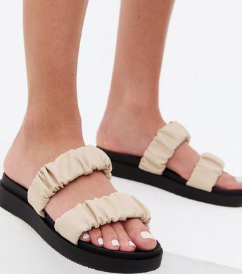 Click to view product details and reviews for Off White Ruched Double Strap Chunky Sliders New Look Vegan.