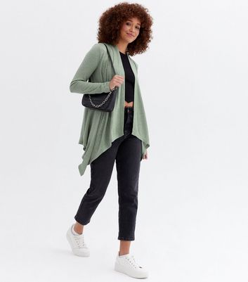 Olive Fine Knit Long Waterfall Cardigan New Look