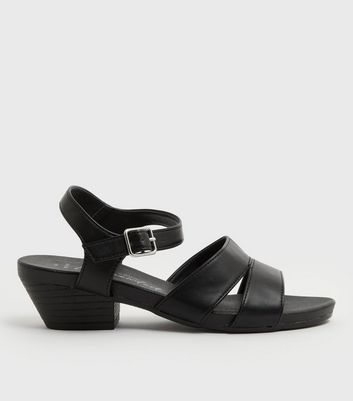 Wide Fit Black Leather-Look Cuban Block Heel Sandals