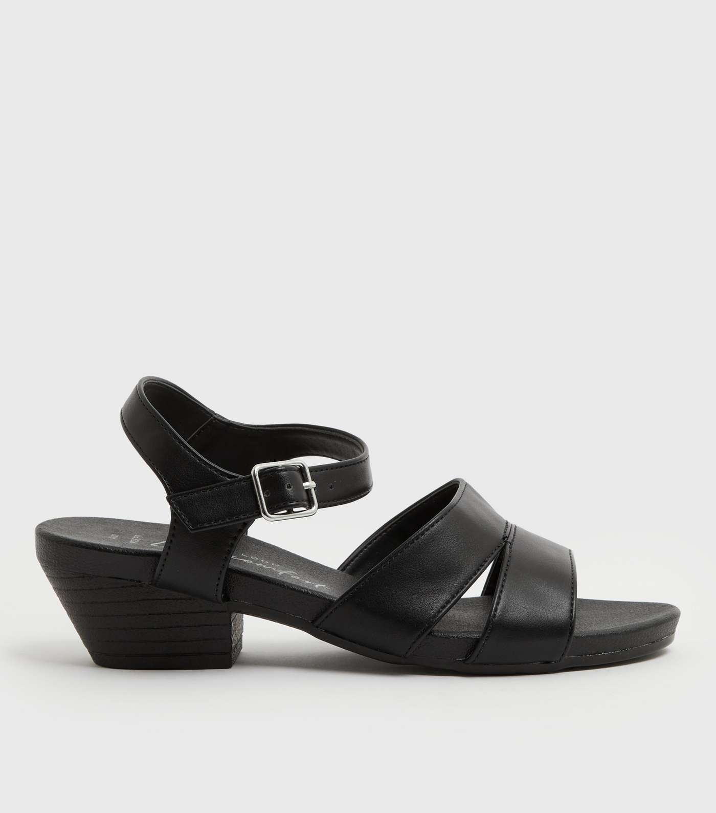 Wide Fit Black Leather-Look Cuban Block Heel Sandals