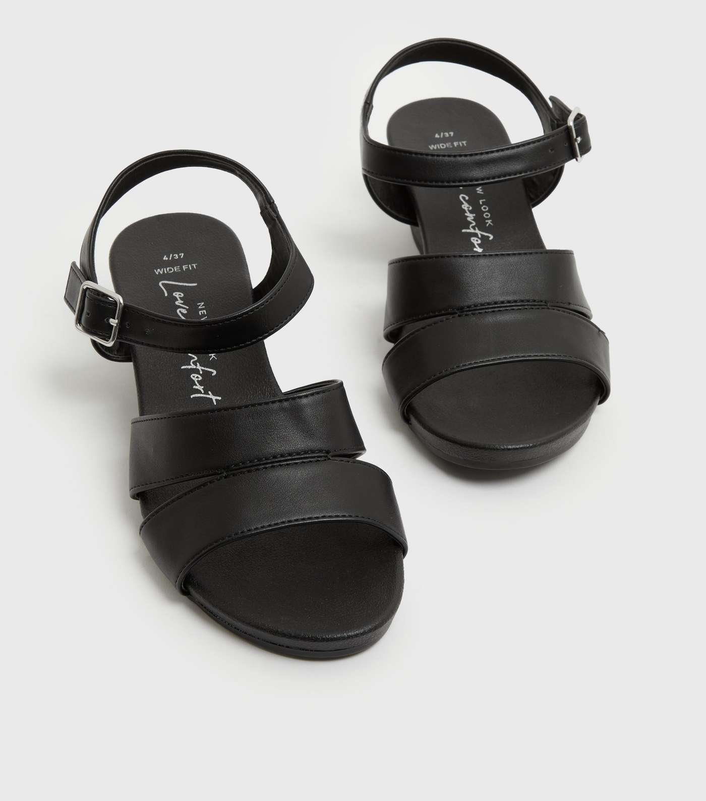 Wide Fit Black Leather-Look Cuban Block Heel Sandals Image 3
