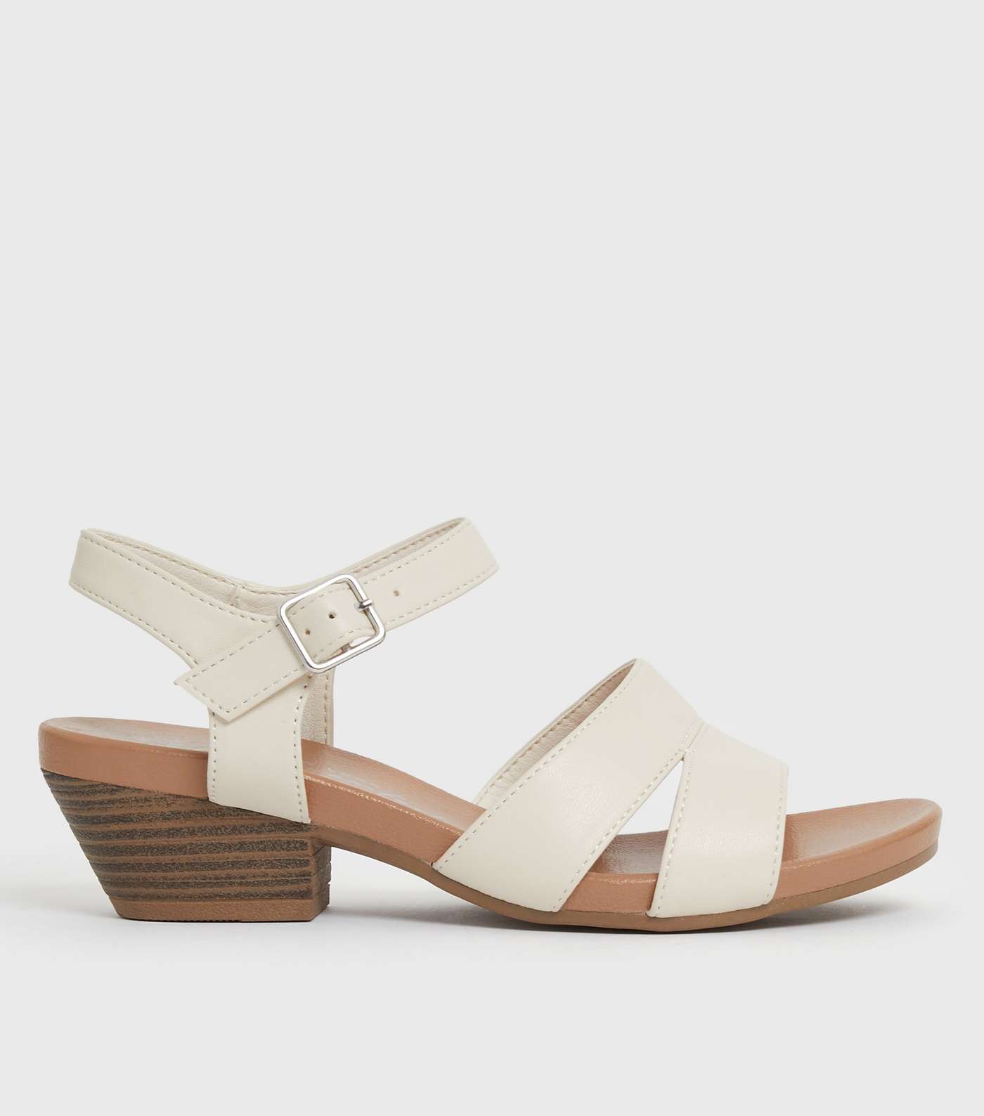Wide Fit Off White Leather-Look Cuban Block Heel Sandals