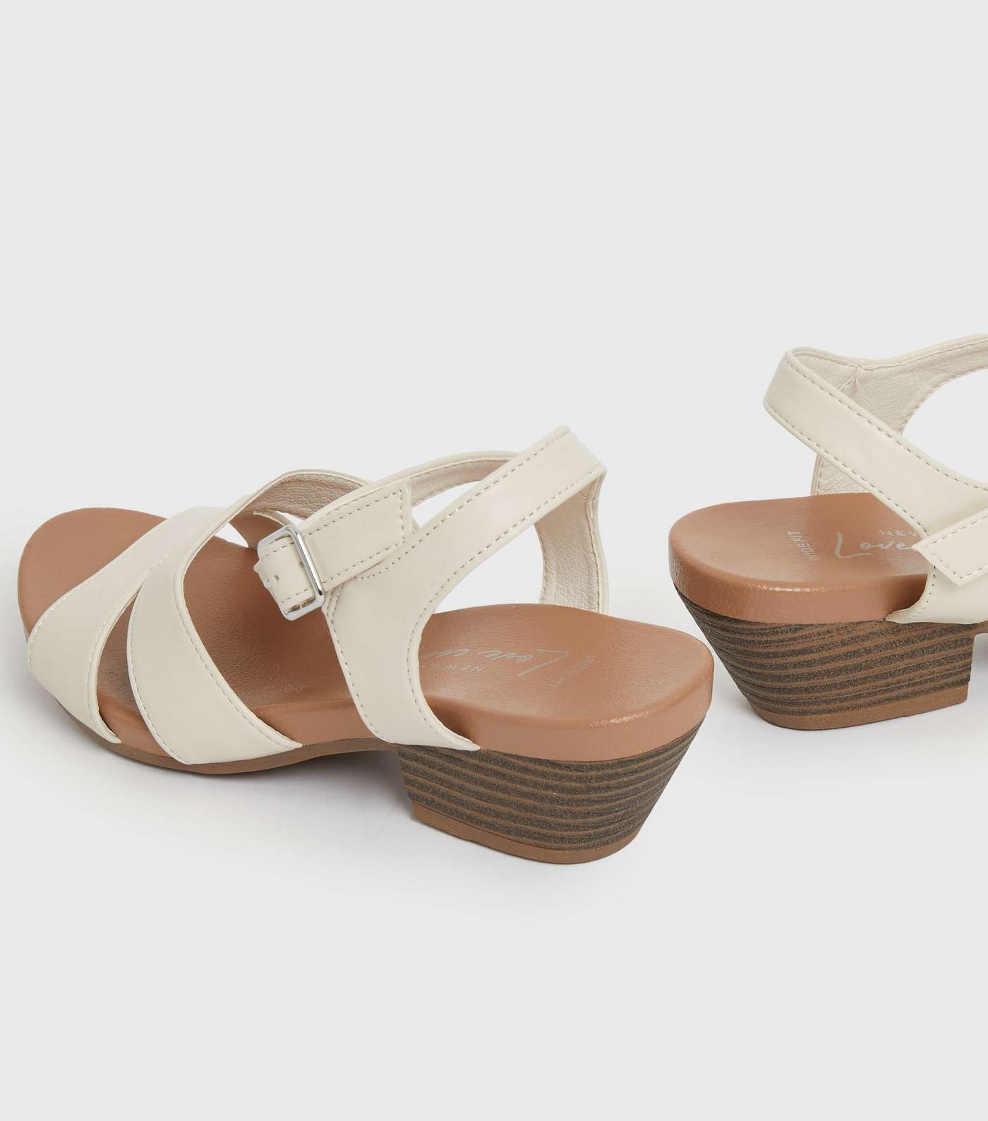 Wide Fit Off White Leather-Look Cuban Block Heel Sandals Image 3