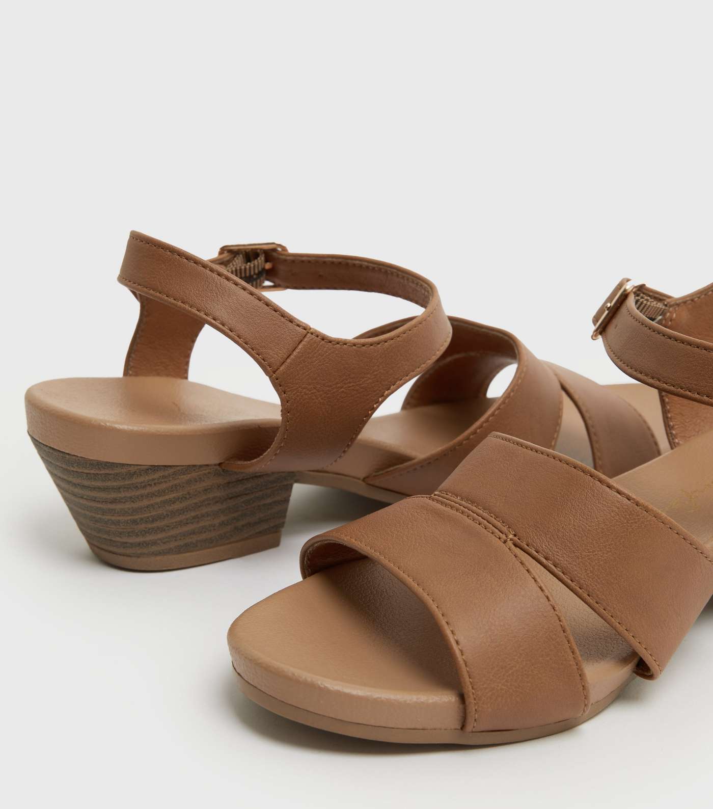 Wide Fit Tan Leather-Look Cuban Block Heel Sandals Image 4