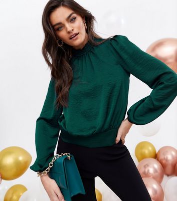Dark Green Satin High Neck Blouse | New 