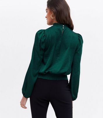 Dark Green Satin High Neck Blouse | New 