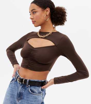 Pink Vanilla Brown Ruched Cut Out Long Sleeve Crop Top