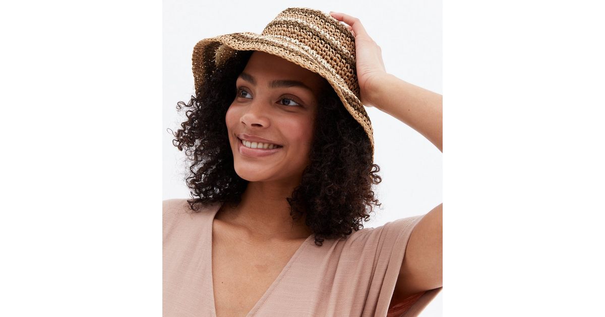 Brown Stripe Straw Effect Bucket Hat New Look