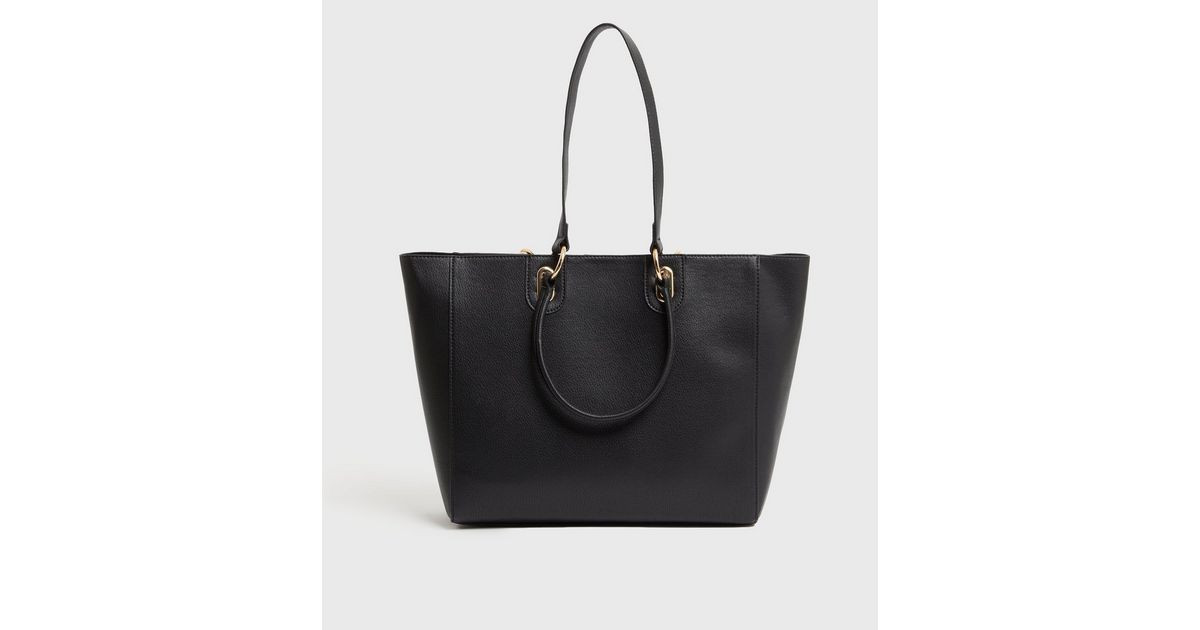 Black Leather-Look Handle Front Tote Bag