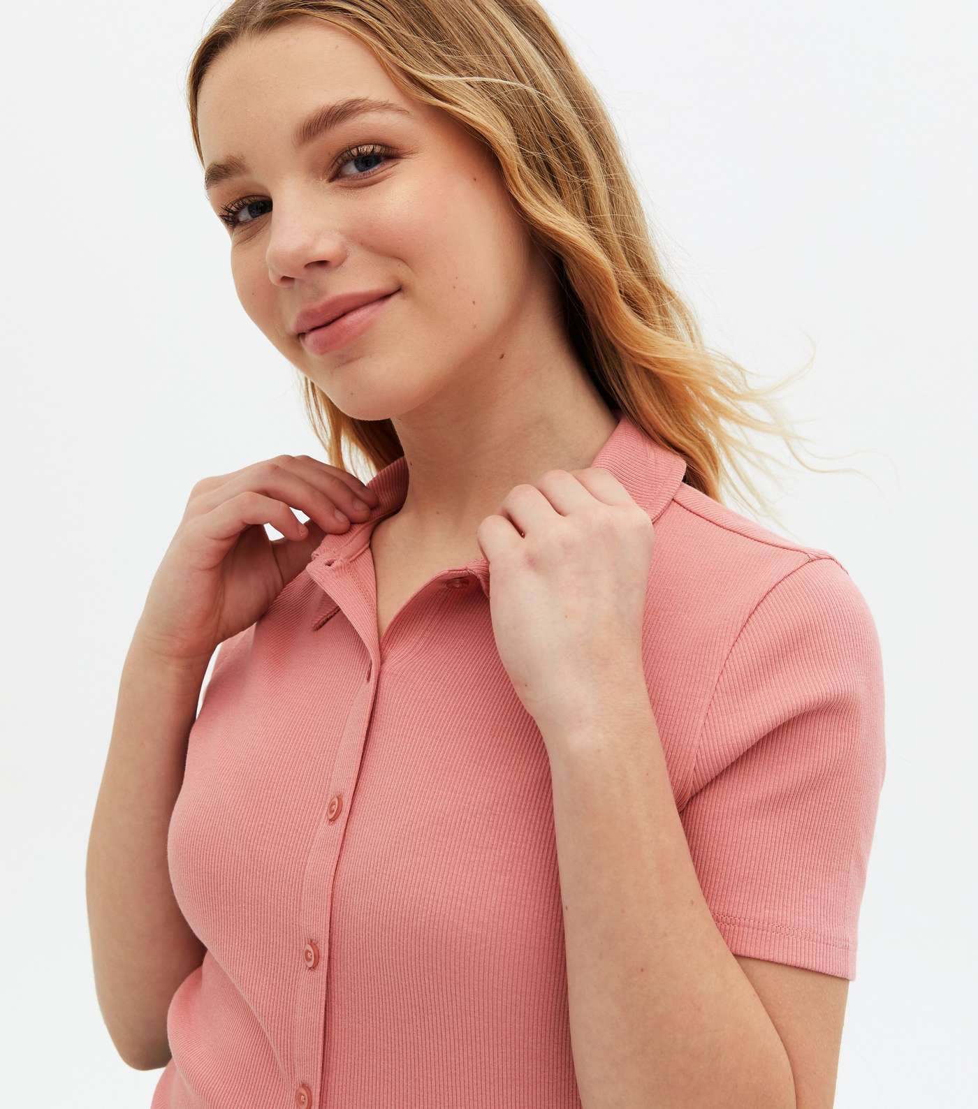 Girls Pink Ribbed Button Polo Top Image 3