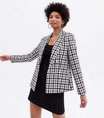 Black Check Boucl Double Breasted Blazer New Look