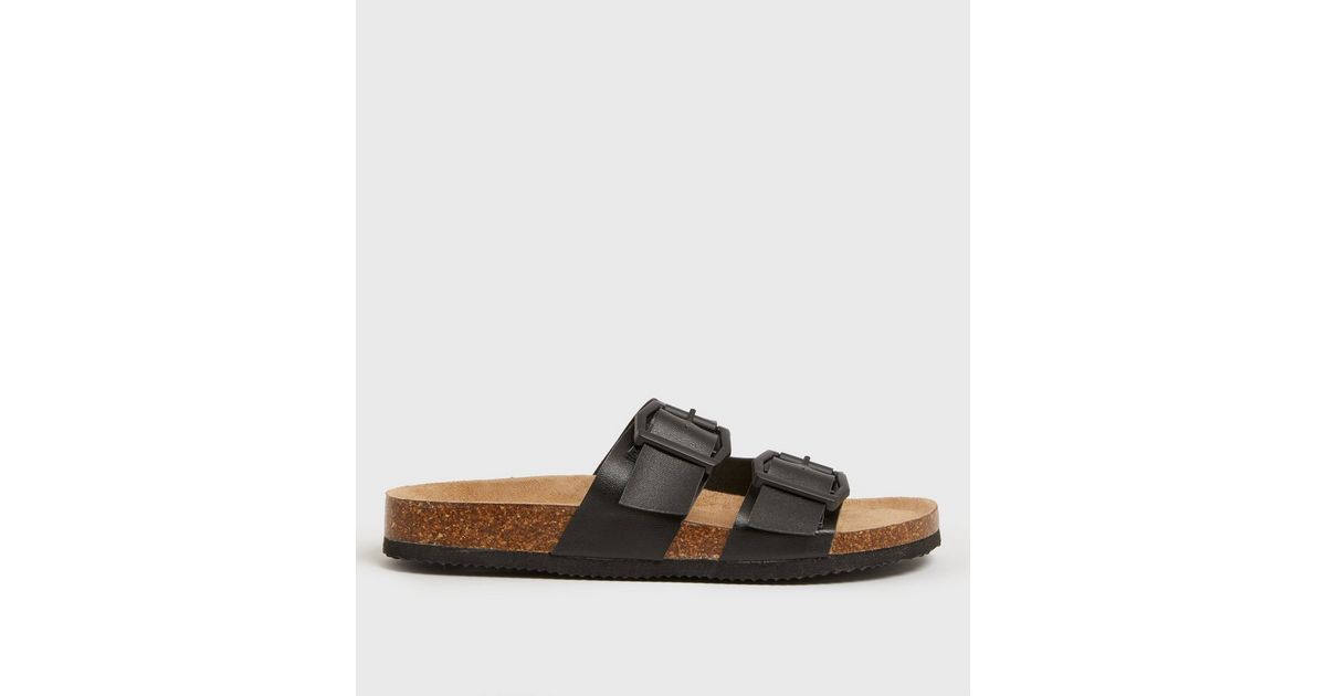 Black Buckle Double Strap Footbed Sliders New Look