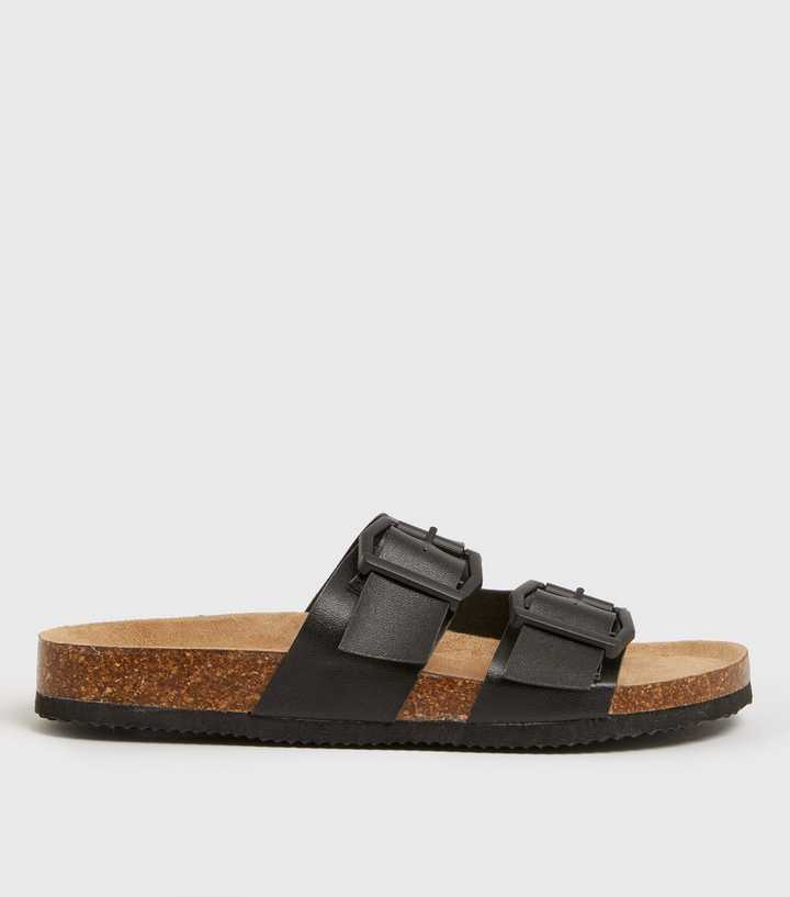 Black Buckle Double Strap Footbed Sliders