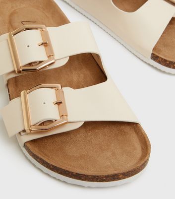 Click to view product details and reviews for Off White Buckle Double Strap Footbed Sliders New Look Vegan.